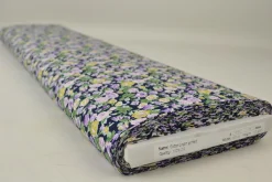Coupon 170cm x 150cm | Katoen poplin  – Retro bloemenprint paars en geel op navy