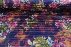 Fluweel stretch – Retro dark purple and green roses striped woven
