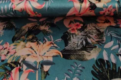 Fluweel stretch – Tropical flowers on old green