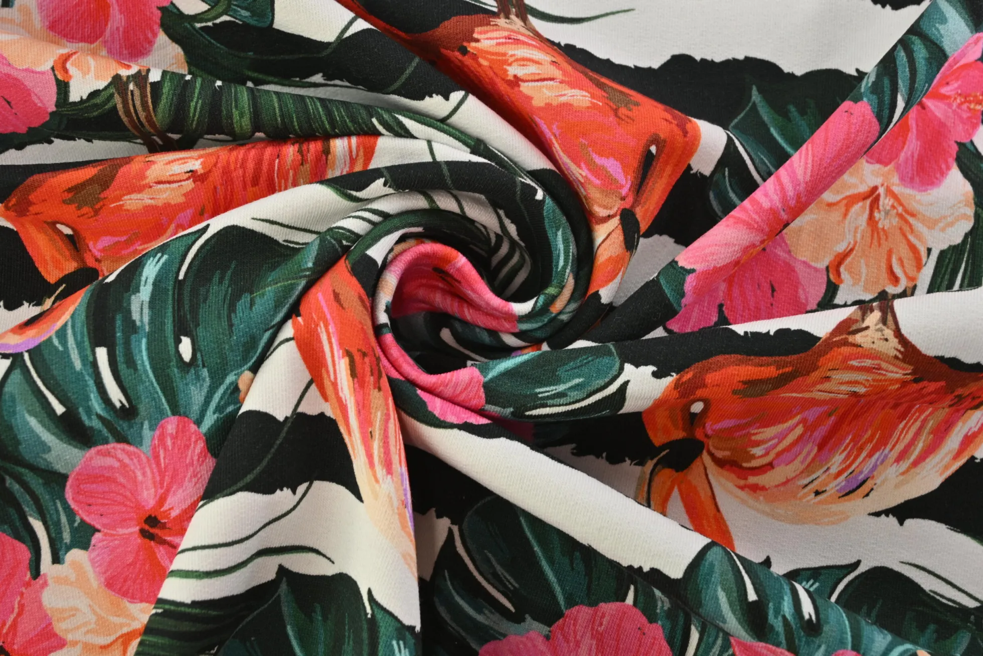 French terry – Flamingo on stripes