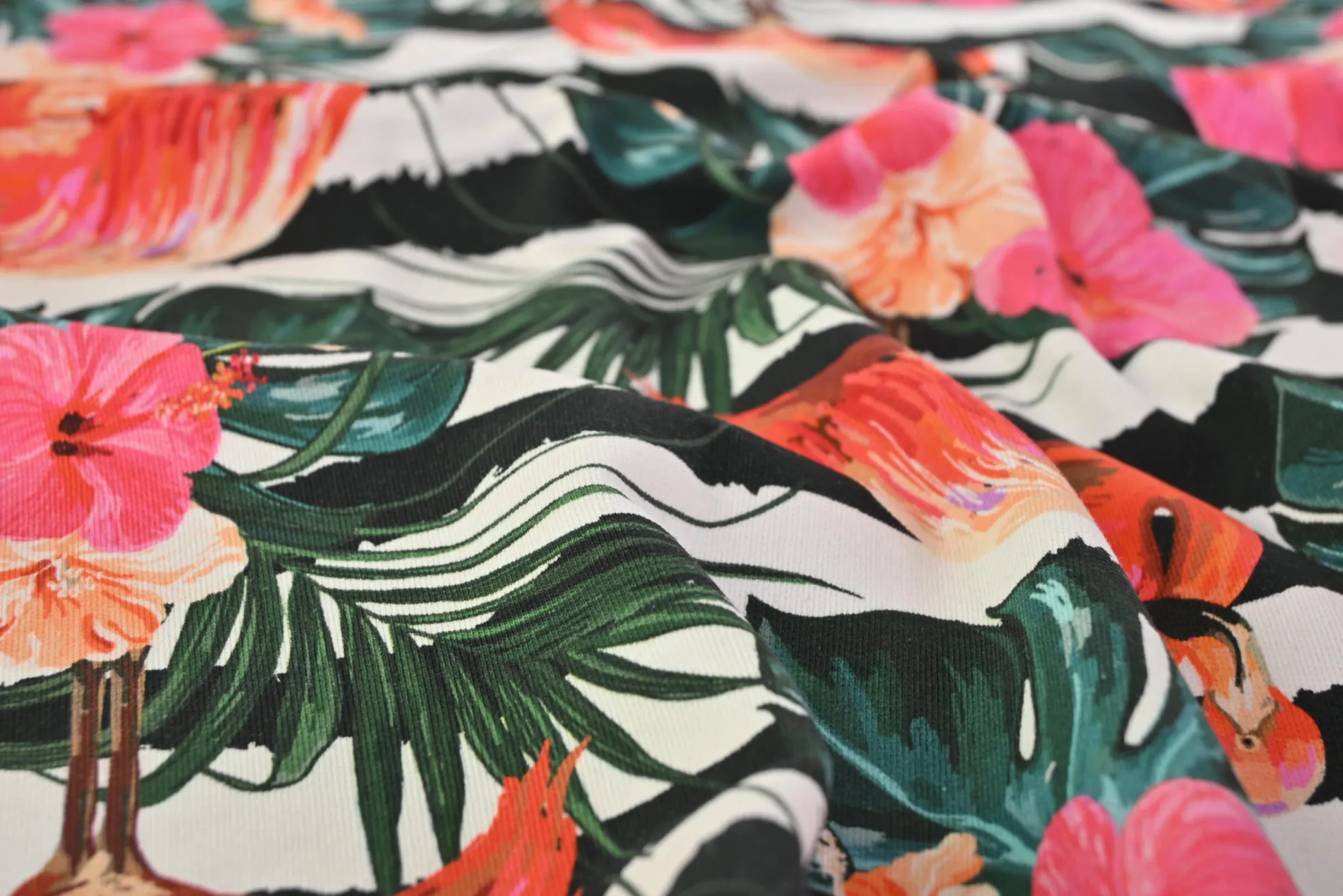 French terry – Flamingo on stripes