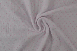 Hydrofiel / Mousseline dobby – Wit met baby roze stippen