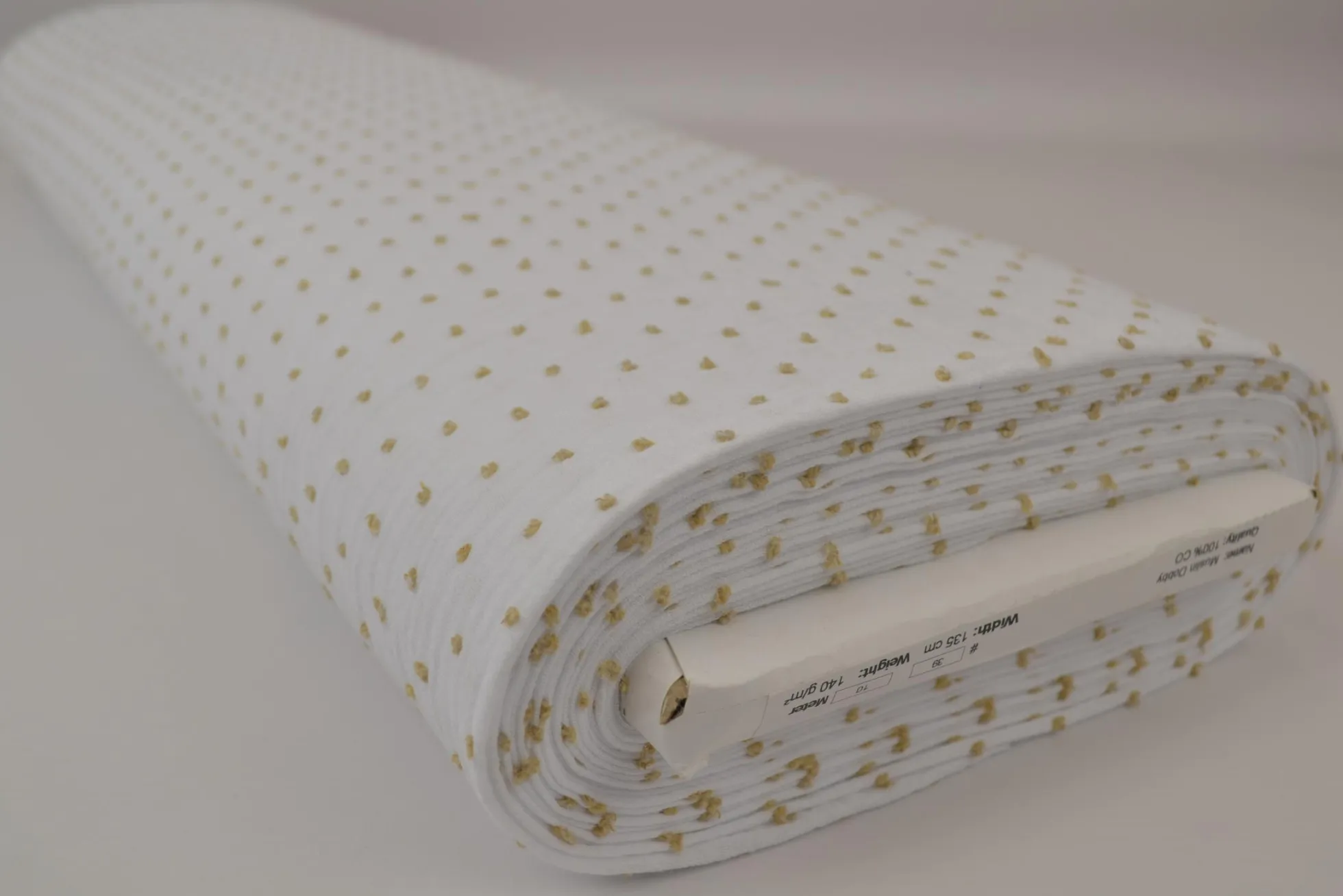 Hydrofiel / Mousseline dobby – Wit met beige stippen