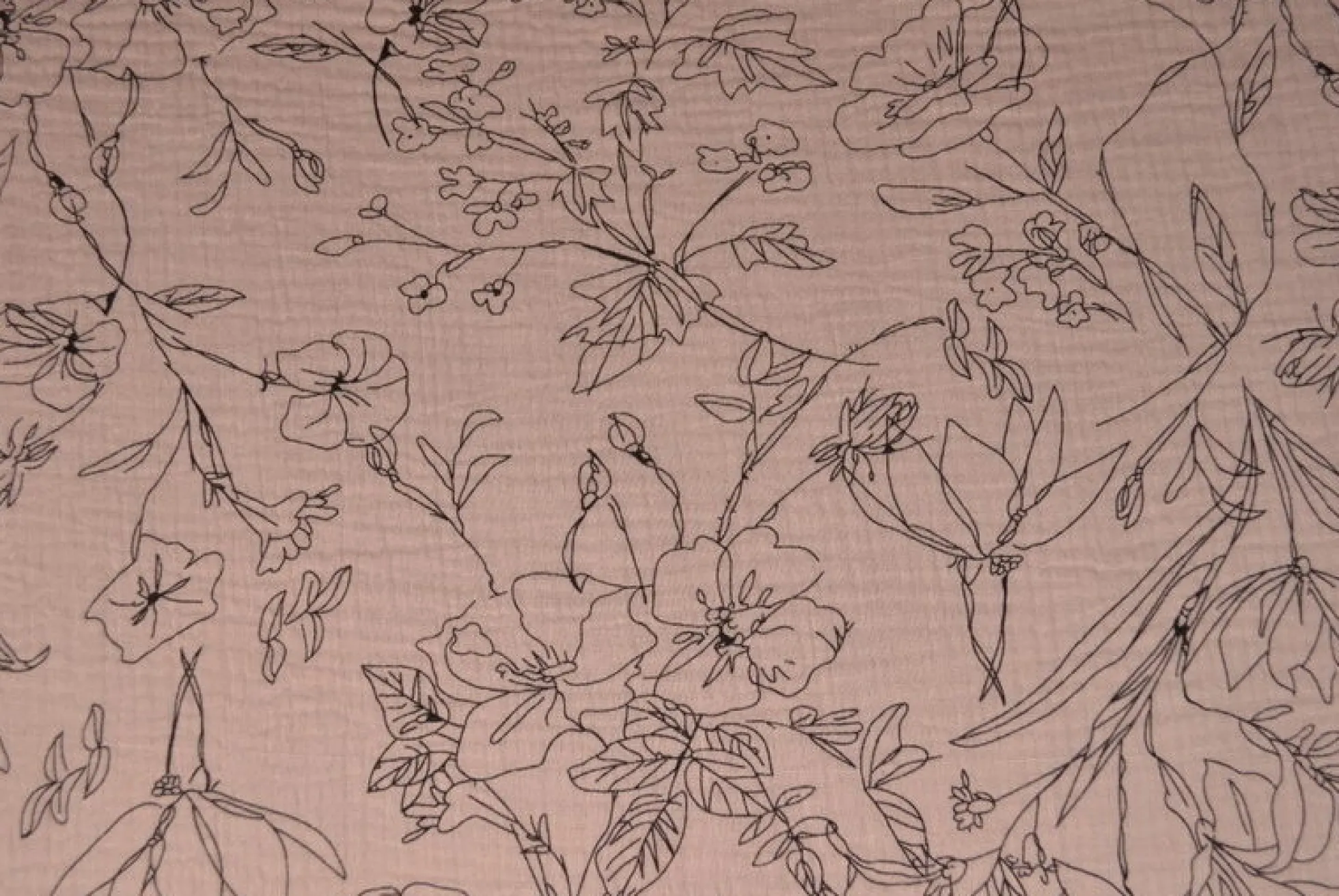 Hydrofiel / Mousseline – Floral lijntekening dusky roze