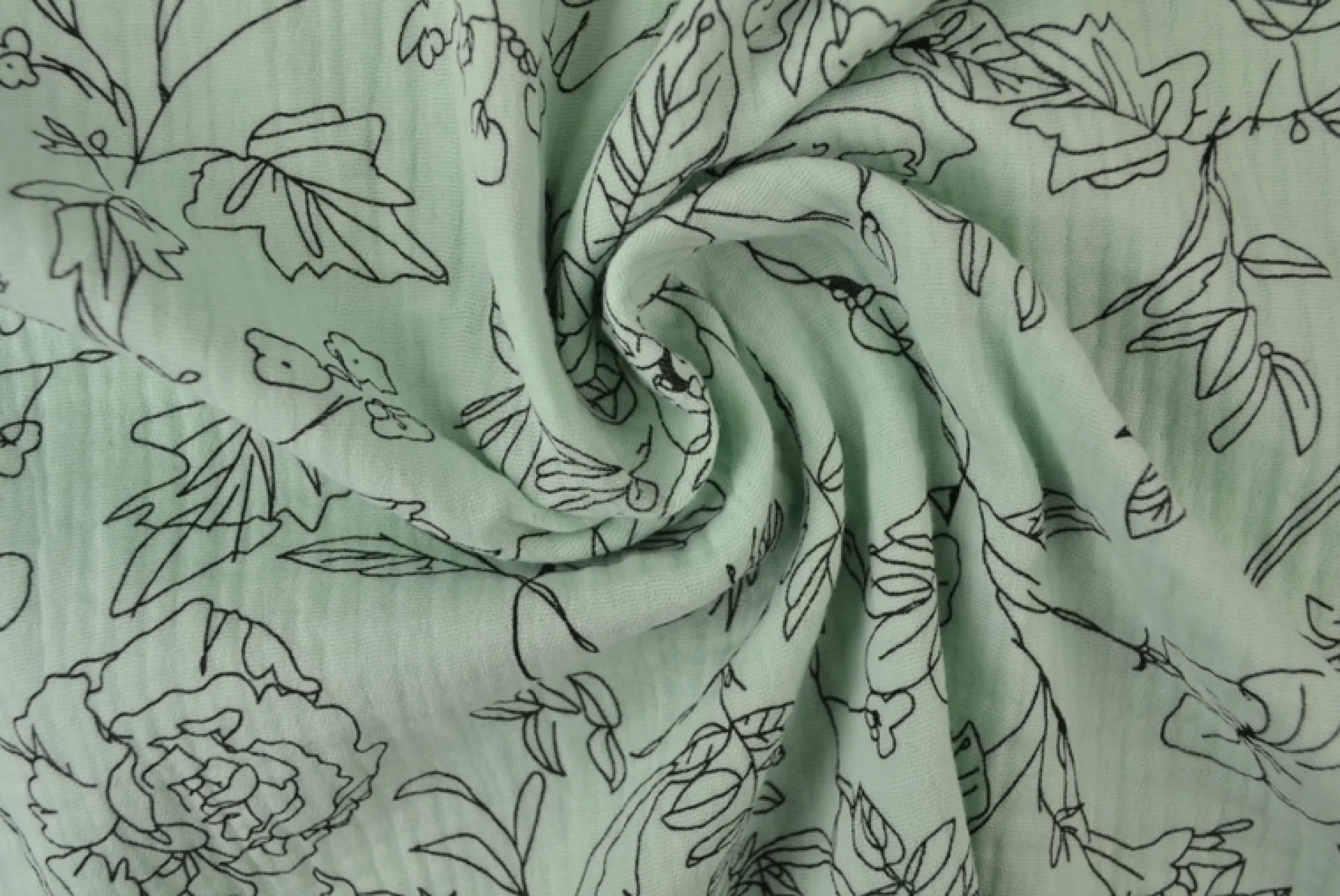 Hydrofiel / Mousseline – Floral lijntekening licht mint