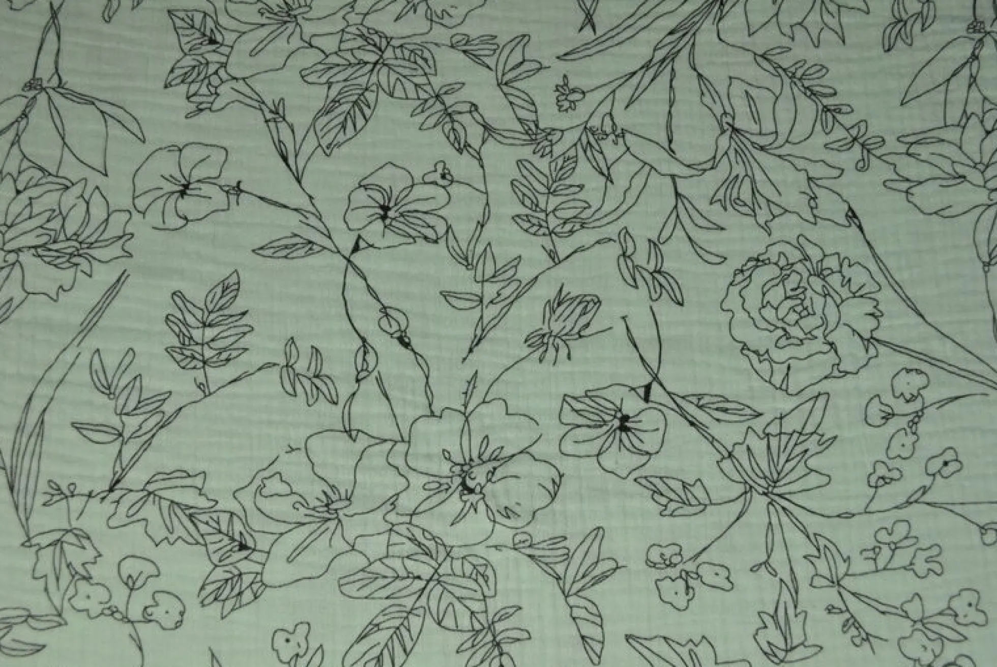 Hydrofiel / Mousseline – Floral lijntekening licht mint