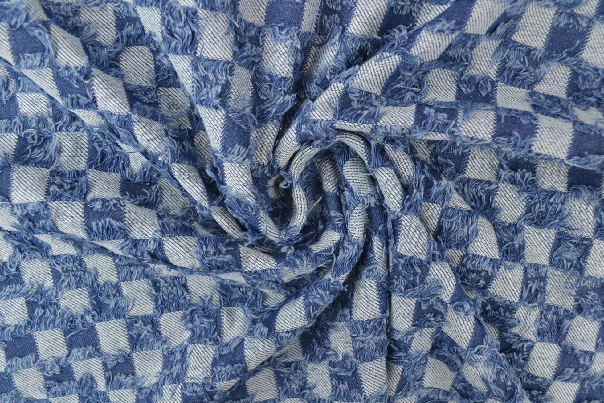 Jeans / denim jacquard – Checks frayed Indigo