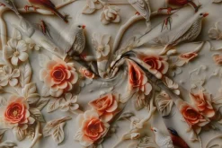 Katoen poplin digitaal – Birds & bright orange blossom