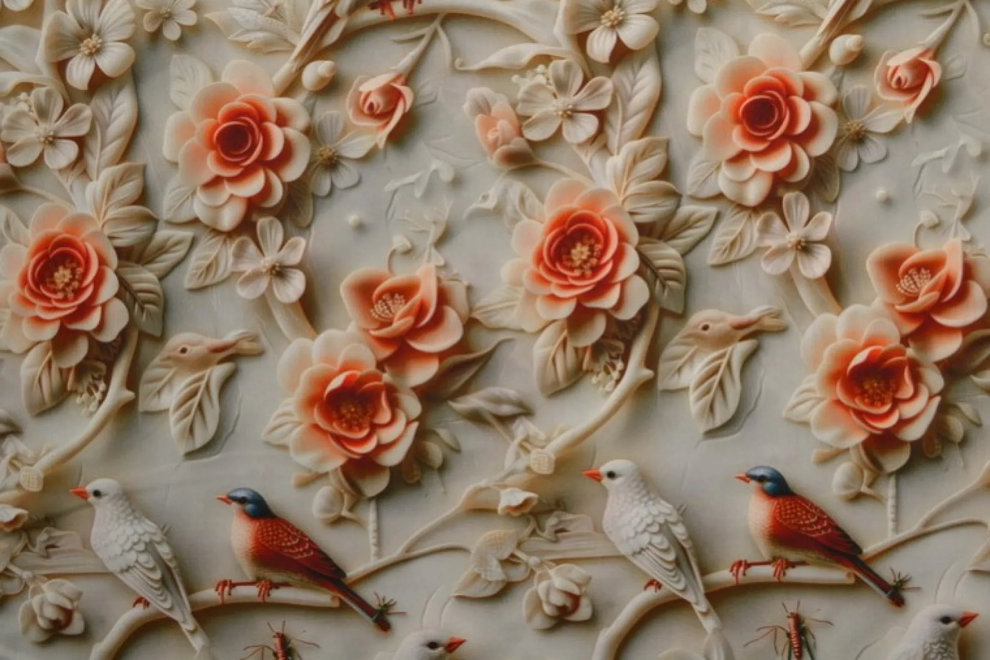 Katoen poplin digitaal – Birds & bright orange blossom
