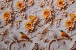 Katoen poplin digitaal – Birds & ochre blossom