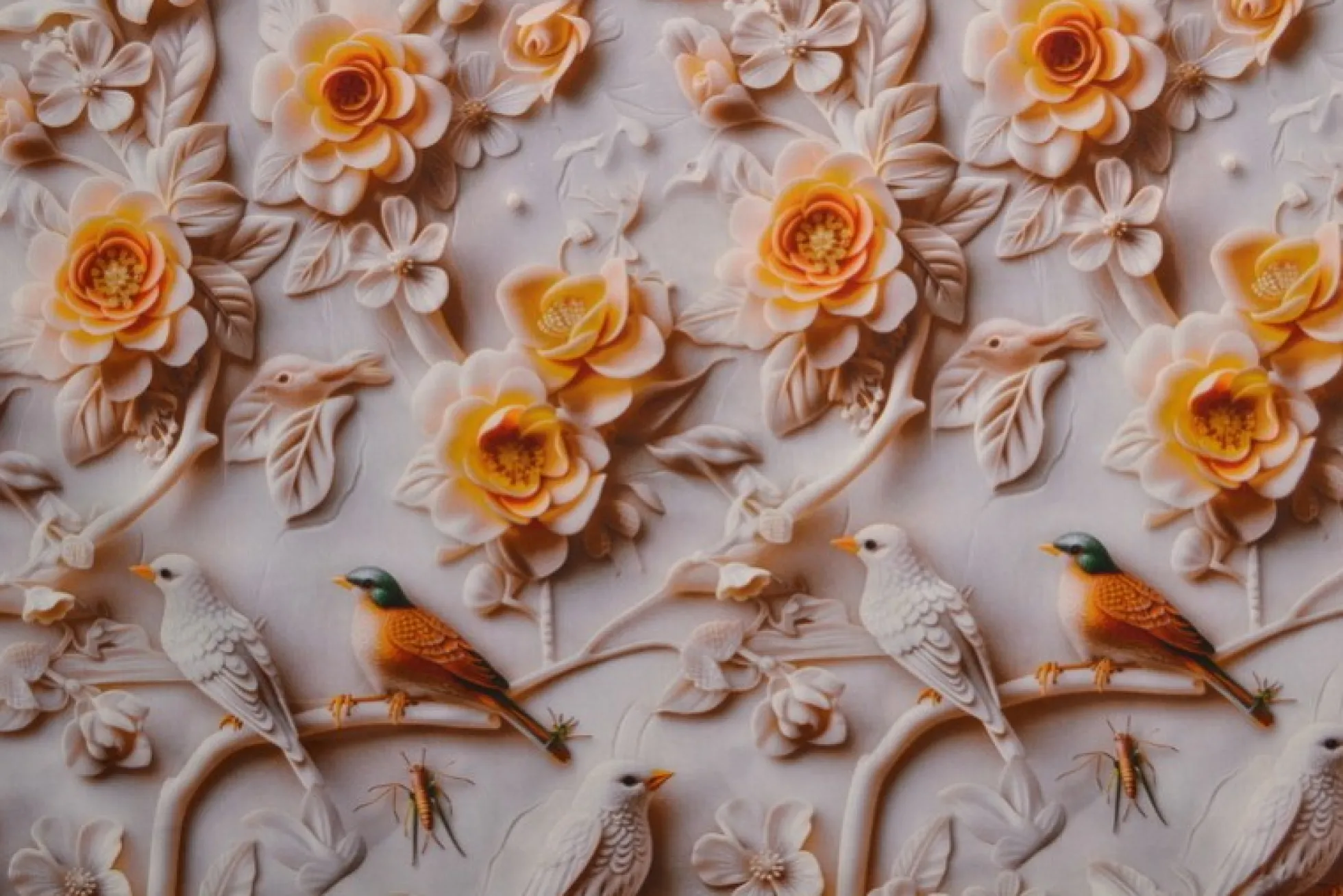 Katoen poplin digitaal – Birds & ochre blossom