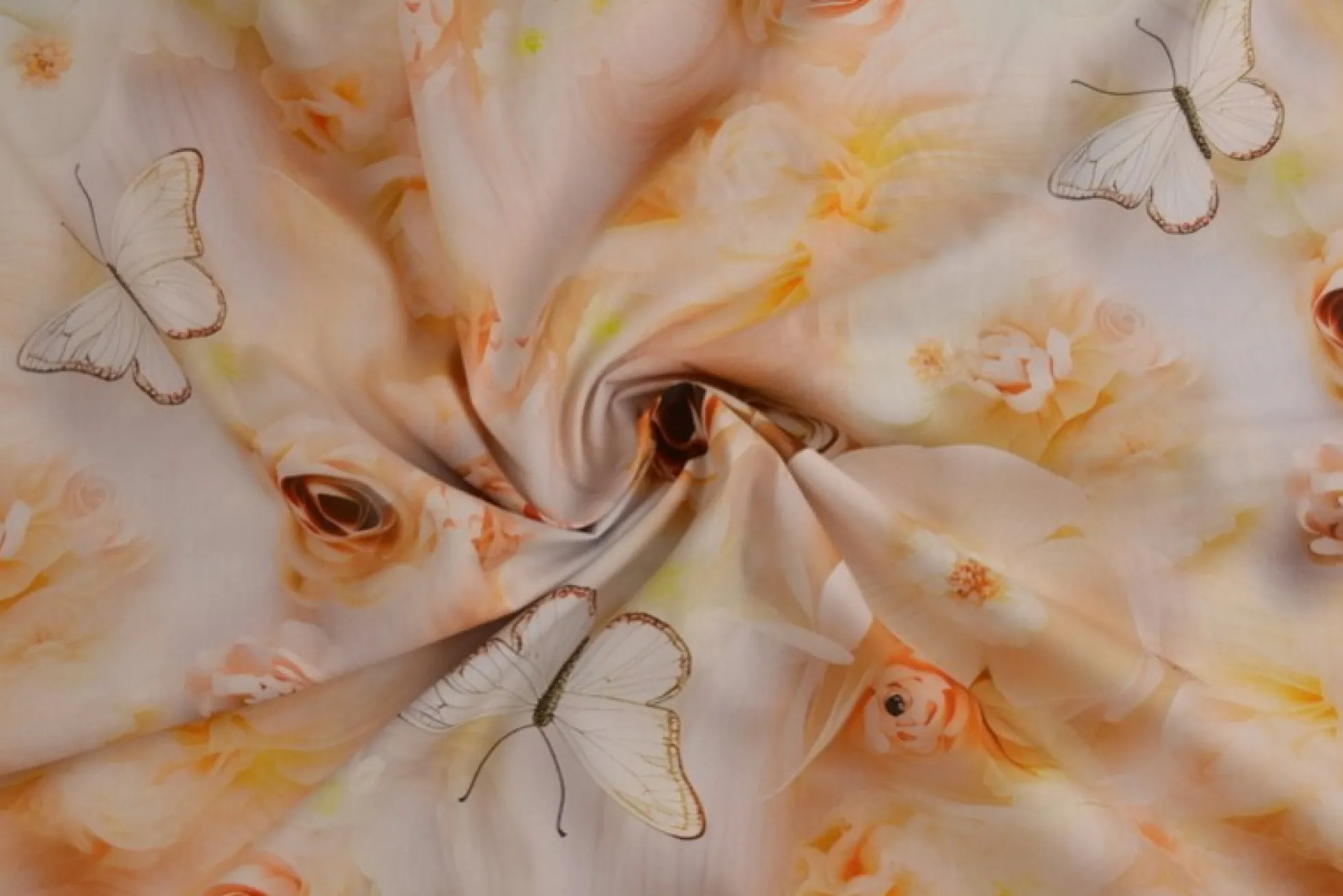 Katoen poplin digitaal – Roses & butterflies gold