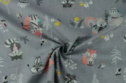 Katoen poplin – Woodland friends grey