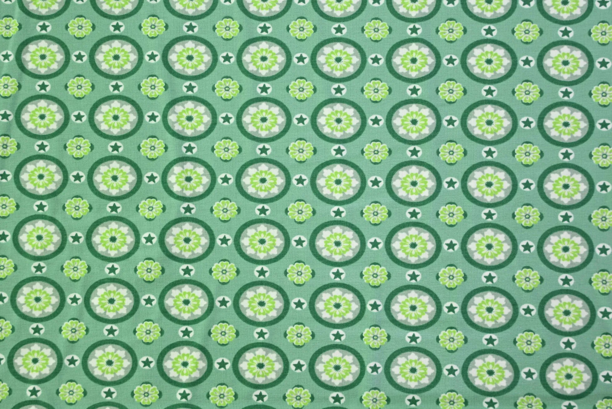 Katoen tricot – Retro green Blossom