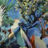 Katoen tricot – Royal Blue Tropical Cockatoos