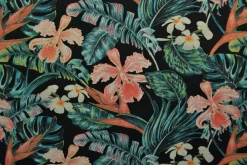 Katoen tricot Royal – Kleurrijke bladeren zwart