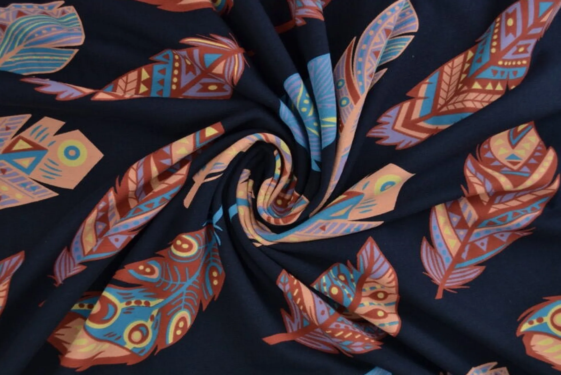 Katoen tricot Royal – Kleurrijke veren navy