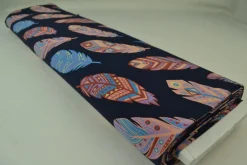 Katoen tricot Royal – Kleurrijke veren navy