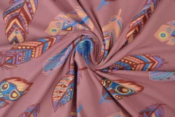 Katoen tricot Royal – Kleurrijke veren donker oudroze