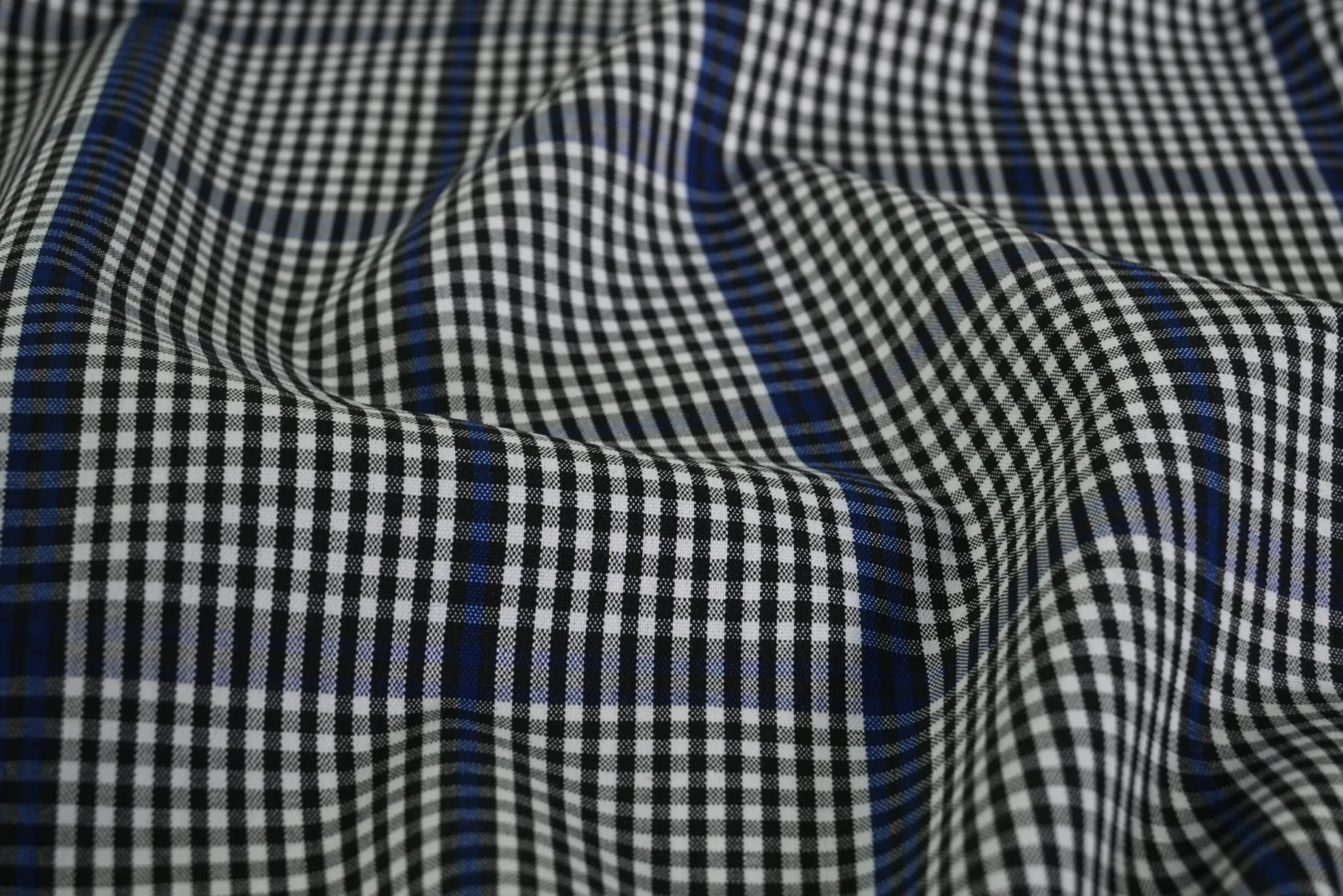 Pantalonstof – Kobaltblauw, zwart en wit geruit