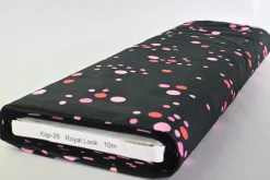 Stretch katoen – Red & pink dots on black