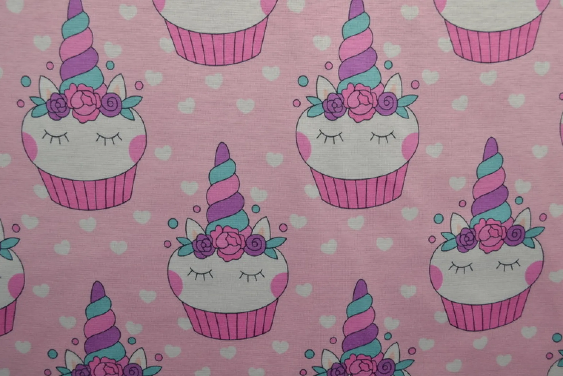 Sweaterstof / Jogging alpenfleece – Eenhoorn cupcakes roze