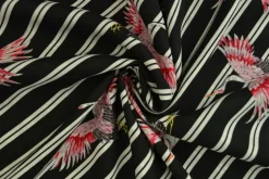 Viscose – Pink cranes on black & white stripes