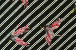 Viscose  – Pink cranes on black & white stripes