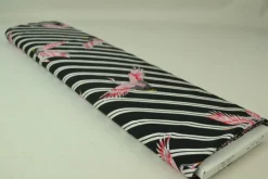 Viscose  – Pink cranes on black & white stripes