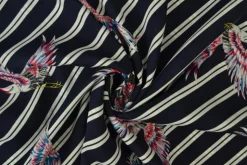 Viscose – Red & blue cranes on navy & white stripes